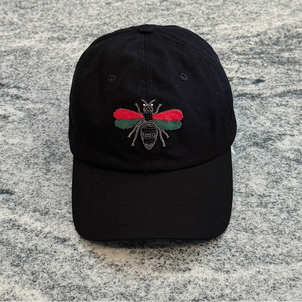 New Custom Designed Black Baseball Cap with Beaded & Fabric Gucci Bee